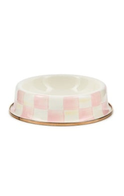 Rosy Check Cat Dish with a pink and white checkered pattern and a gold-tone rim.