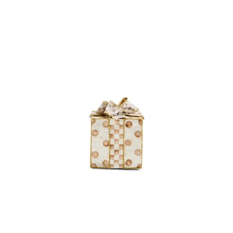 Mocha Capiz Gift Box with polka dots, mocha checks, and gold trim detailing.
