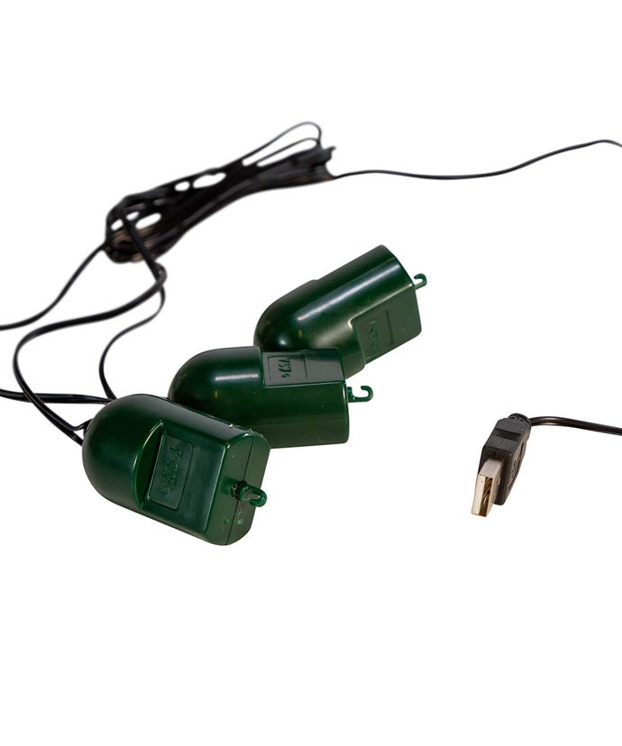 USB Twirl-It Triple Ornament Spinner with three green motor housings and a USB plug.