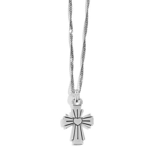 Silver Wayfarers Cross Necklace with a heart center and radiating lines on a twisted chain.