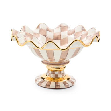 Hand-painted mocha check ceramic compote with gold lustre embellishments