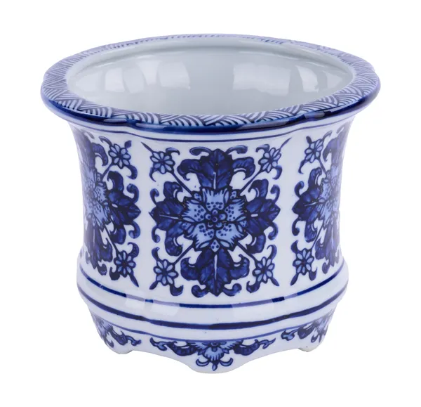 White porcelain jardiniere with a classic rounded silhouette.