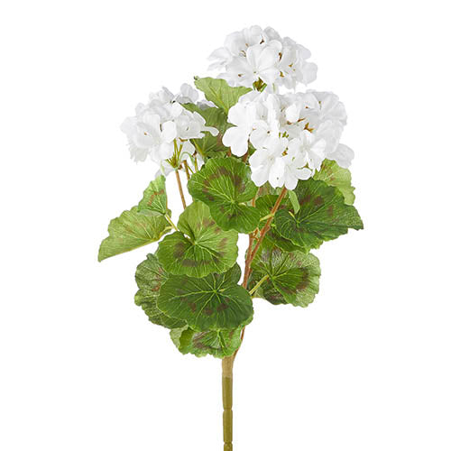 White artificial geranium bush made of polyester and plastic with an 18-inch length.
