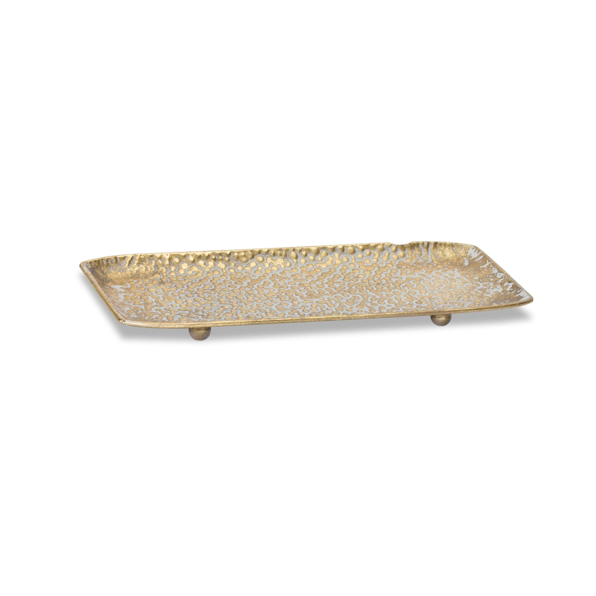 Metal decorative tray with a rectangular shape.