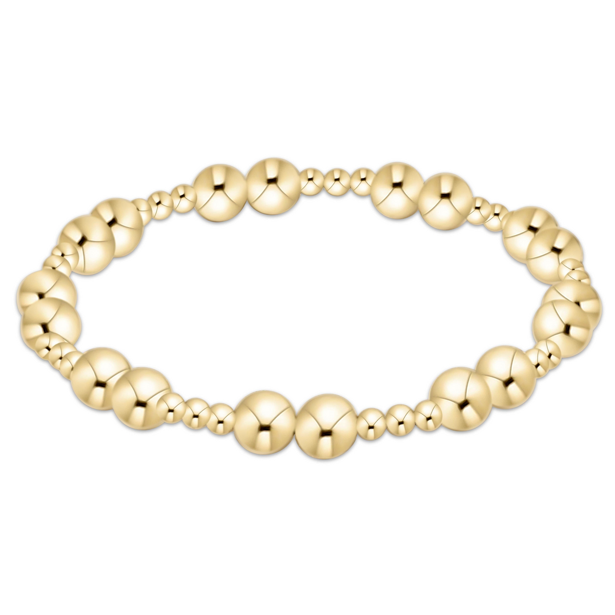 Gold beaded Together Bracelet featuring alternating sizes of polished gold spheres on an elastic band
