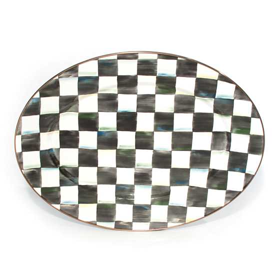 Medium oval platter with hand-painted black and white Courtly Check pattern and bronzed steel rim.
