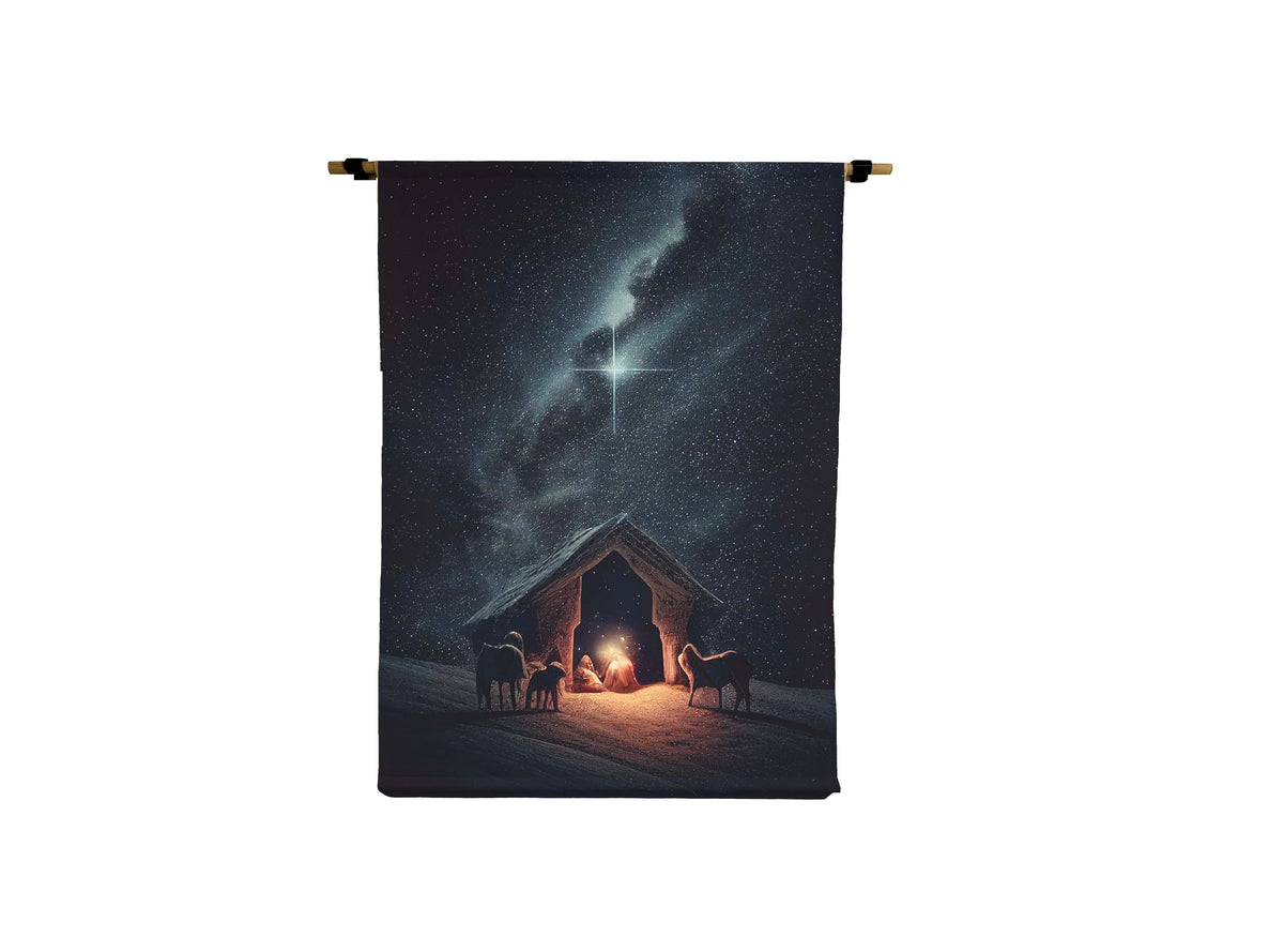 Large canvas scroll featuring a nativity scene under a bright star and a vast milky way night sky.