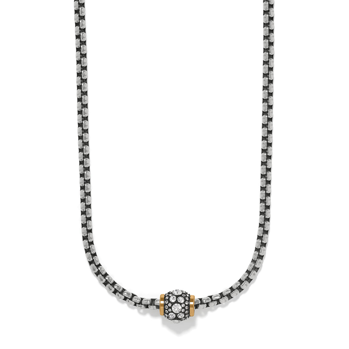 Meridian Solis Hem Necklace featuring a two-tone silver and gold chain with a crystal-studded bead.