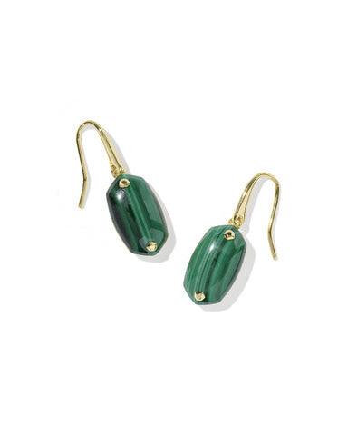 Lee Riveted Drop Earrings featuring green malachite stones with gold-tone riveted settings.