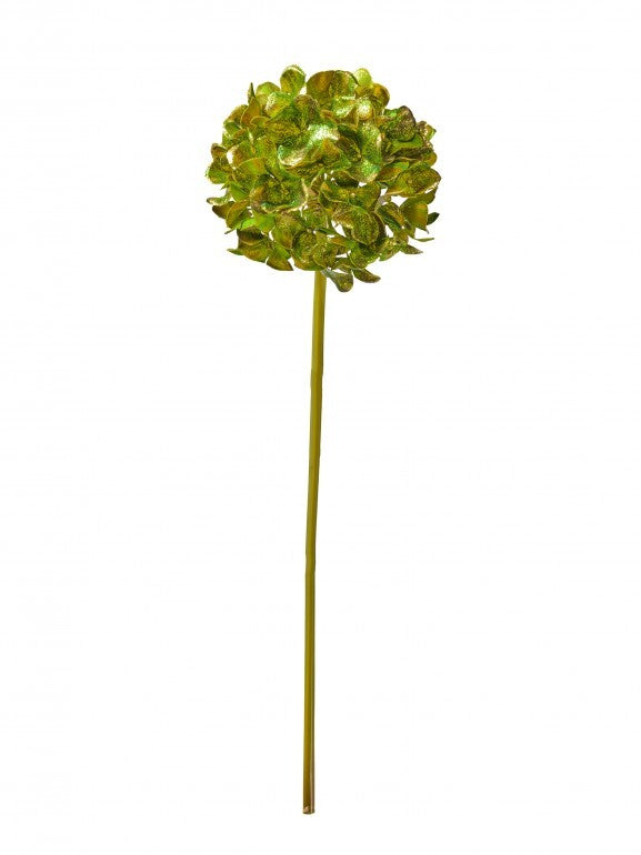 18-inch metallic glitter hydrangea stem in green with a long slender stalk.