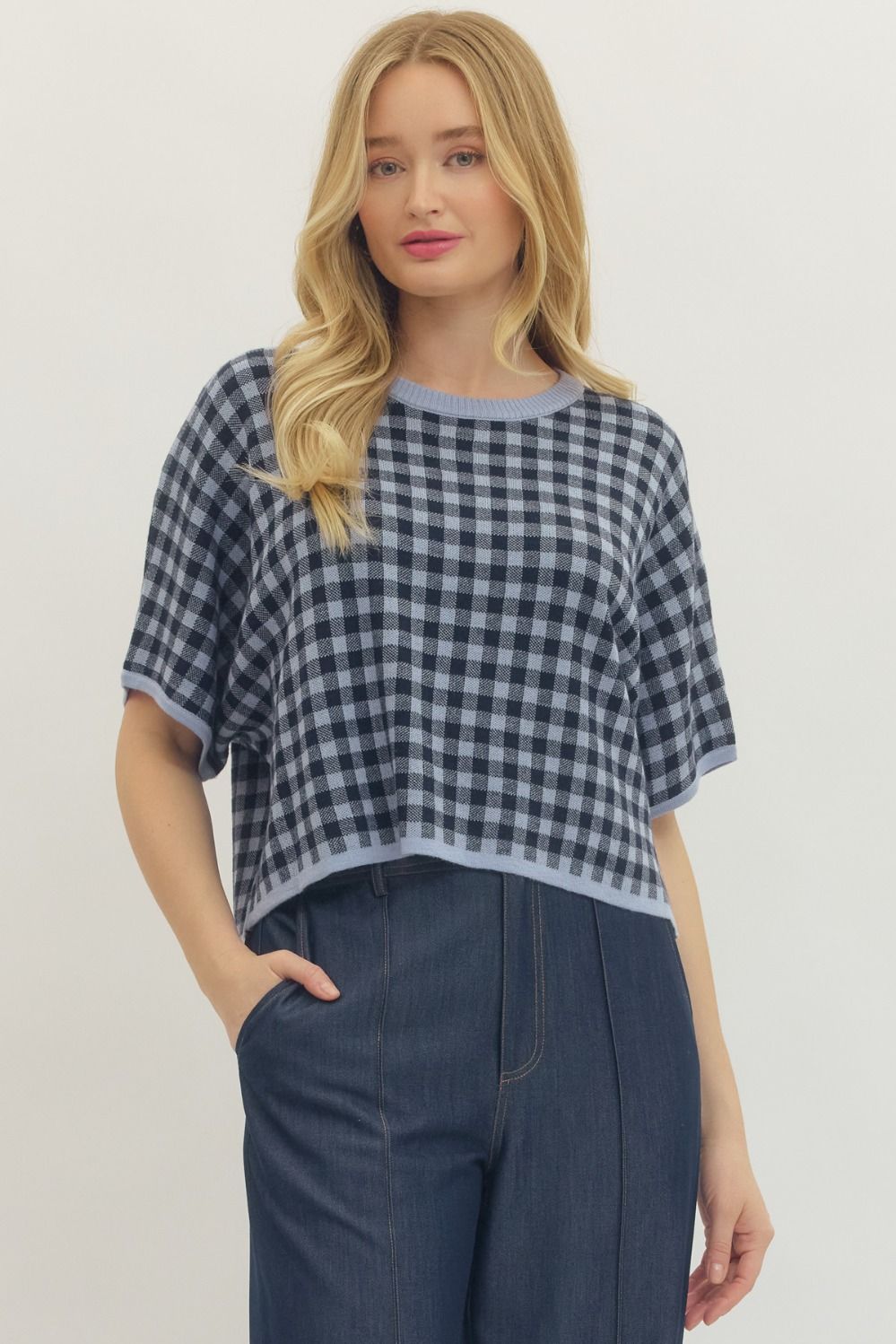 Eleanor gingham short sleeve cropped knit top with contrast rib trim