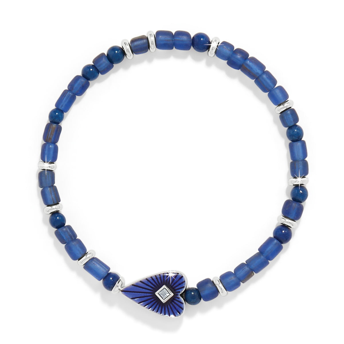 Blue stretch bracelet with silver-plated finish featuring glass beads, enamel accents, and a 'B You' crystal message.