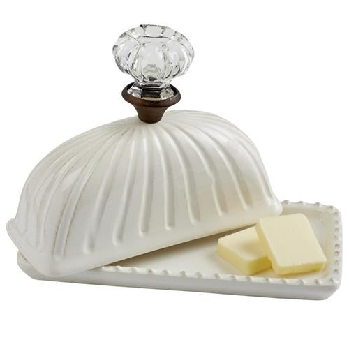 Butter dish with door knob handle in natural wood finish