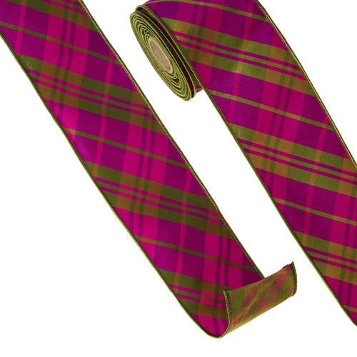 4 inch wide pink and green plaid wired ribbon on a roll.