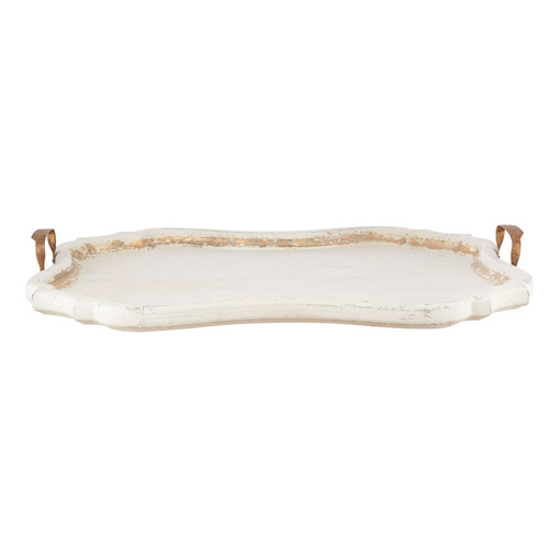 30.5-inch distressed white wooden tray with gold-toned iron handles and scalloped edges.