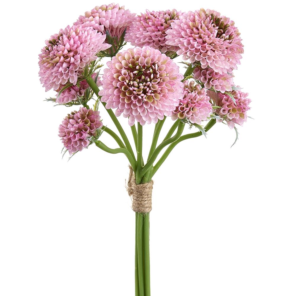 Bundle of fourteen-inch plastic pompon dahlia flowers with wire stems in a natural arrangement.