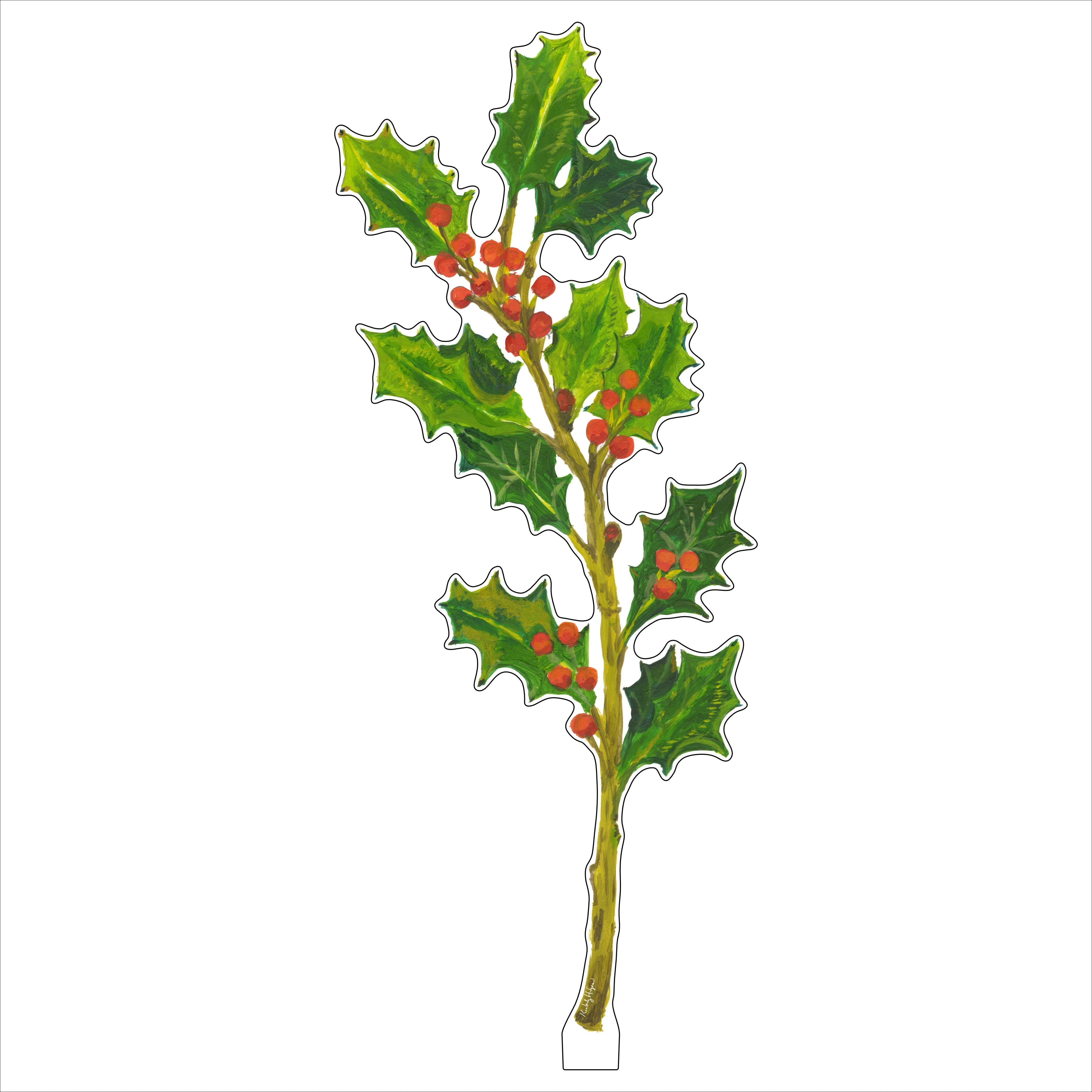 Holly greenery arrangement with dark leaves and red berries in a vase.
