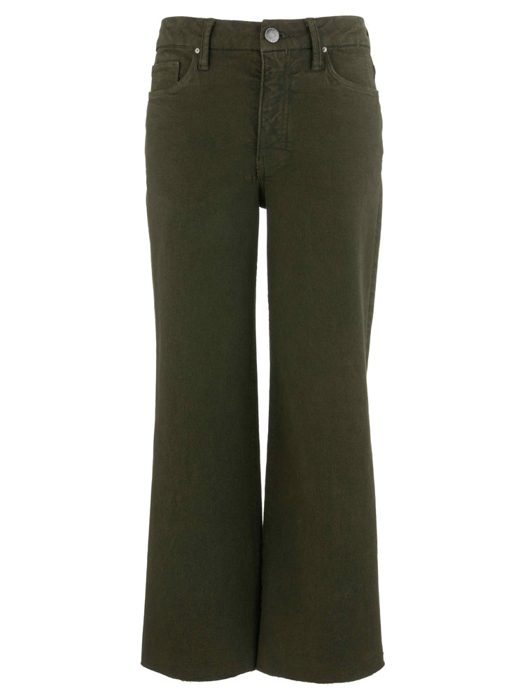 Dark olive green high-rise wide-leg pants with a raw hem and five-pocket styling.