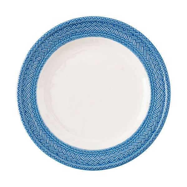 Ceramic dinner plate with hand-painted Delft blue French basket weave border