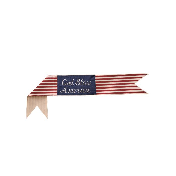 6 inch by 44 inch striped banner with God Bless America text in red and white.