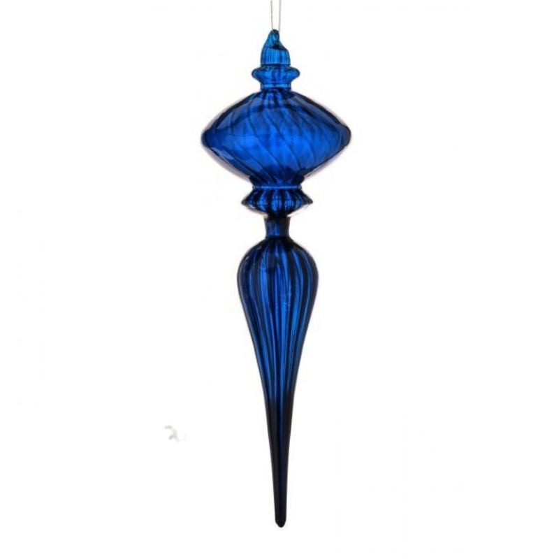12-inch blue glass opaque finial ornament with a ribbed texture and pointed base.
