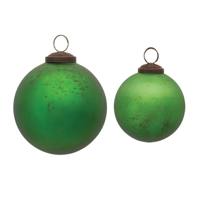 Glass green spherical ornament with a smooth round shape.