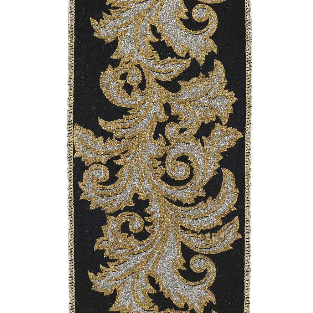 Black ribbon with silver metallic leaf filigree outline edge