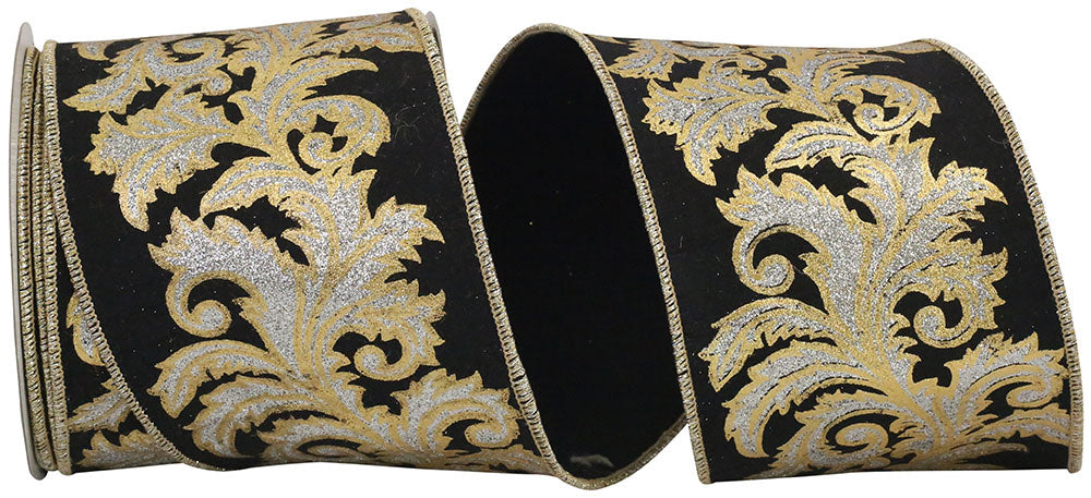 Black wired-edge ribbon with silver leaf filigree outline pattern