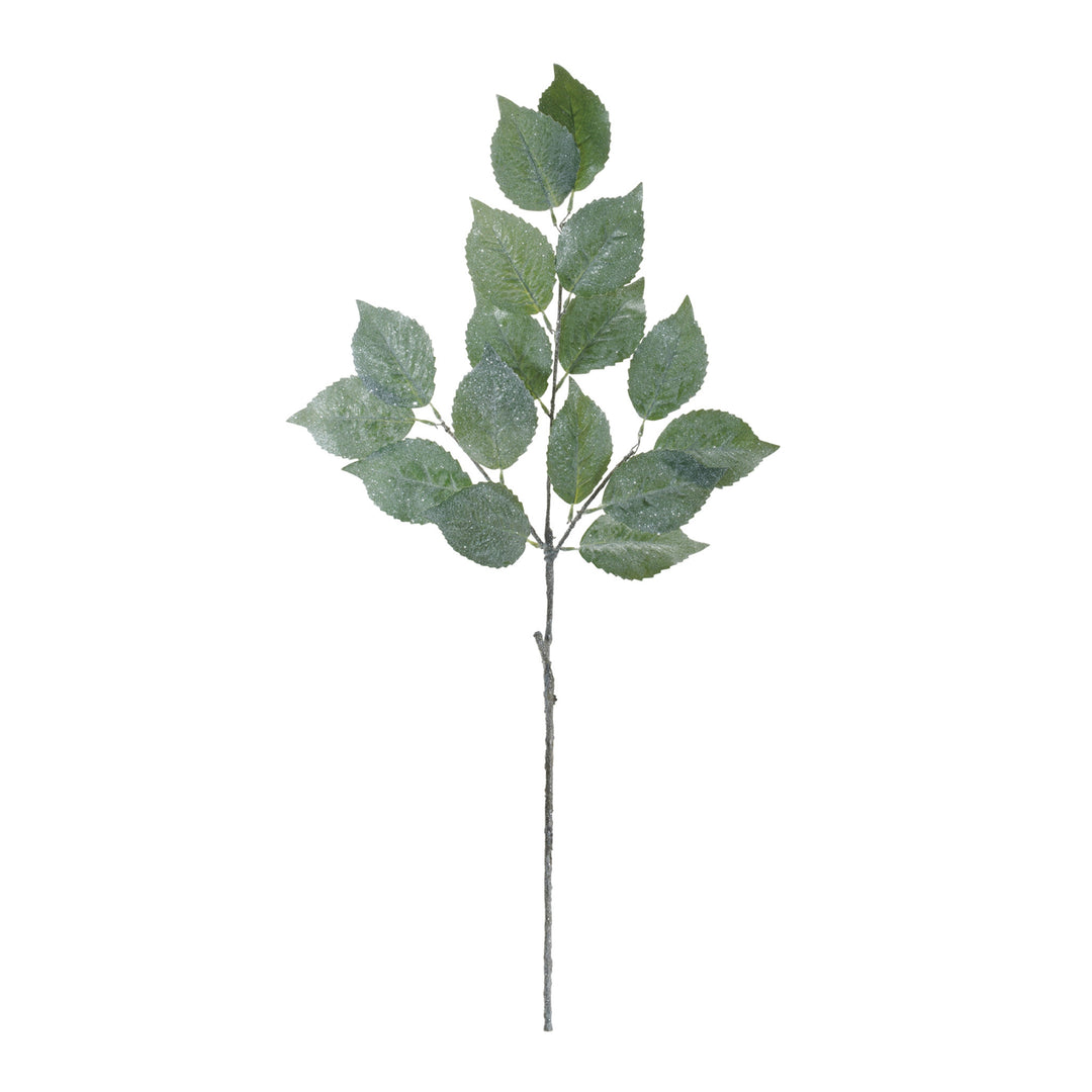 Green polyester leaf spray with realistic texture arranged in a tall vase.
