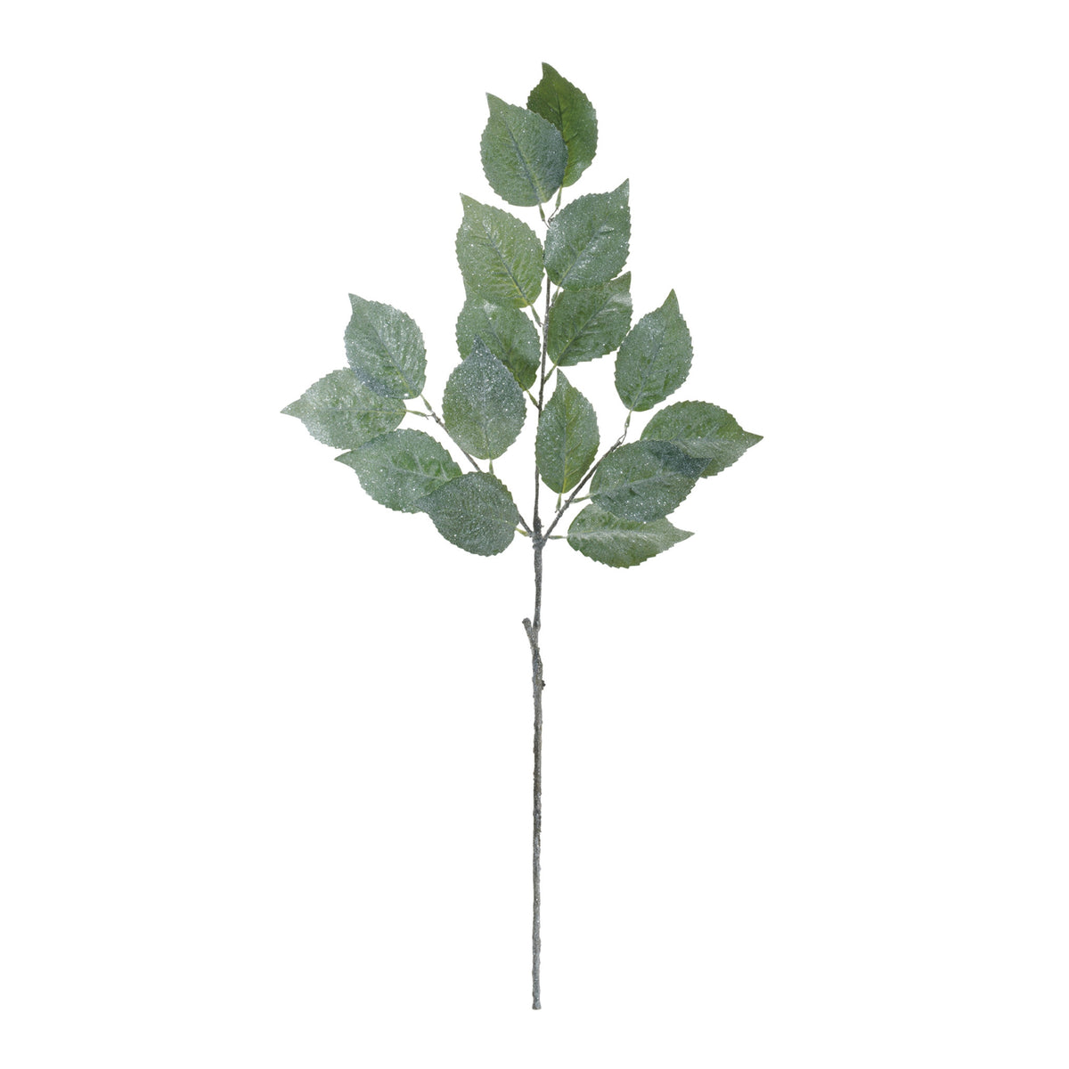 Green polyester leaf spray with realistic texture arranged in a tall vase.