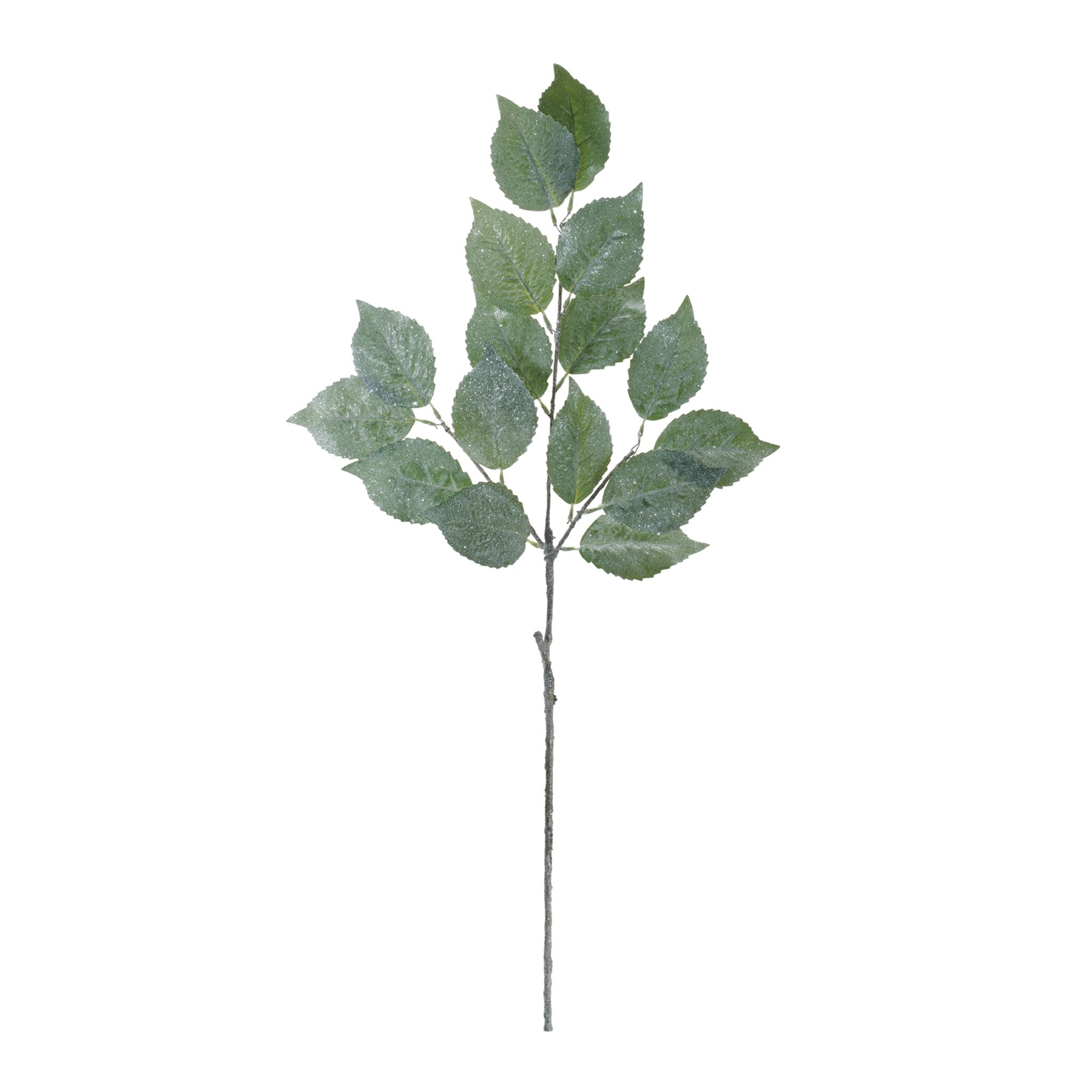 Green polyester leaf spray with realistic texture arranged in a tall vase.