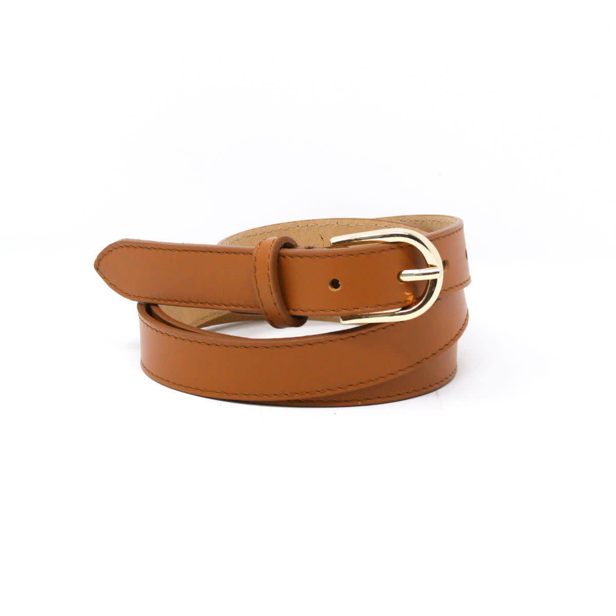 Camel leather belt with gold buckle featuring classic stitching