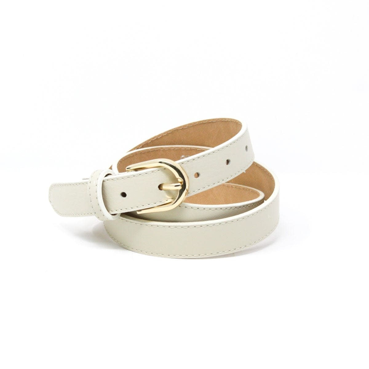 Ivory leather belt with gold buckle and classic stitching