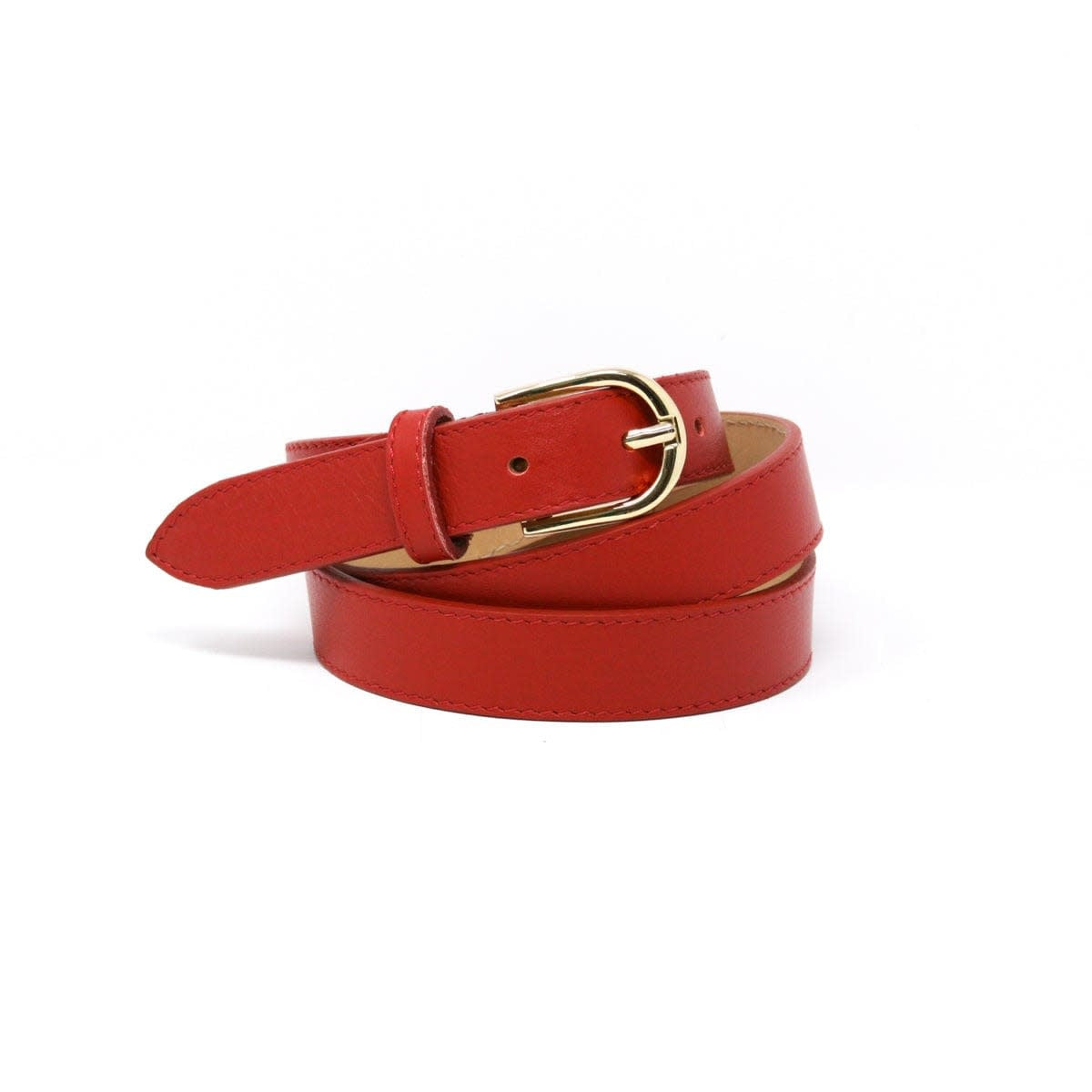Red leather belt with gold buckle featuring classic stitching