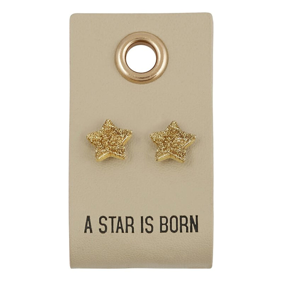 Leather tag holding gold stud earrings with a star cutout.