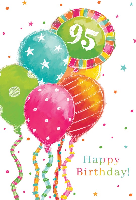 Glittery card with '95 Happy Birthday' outside text and 'What a special day!' inside.