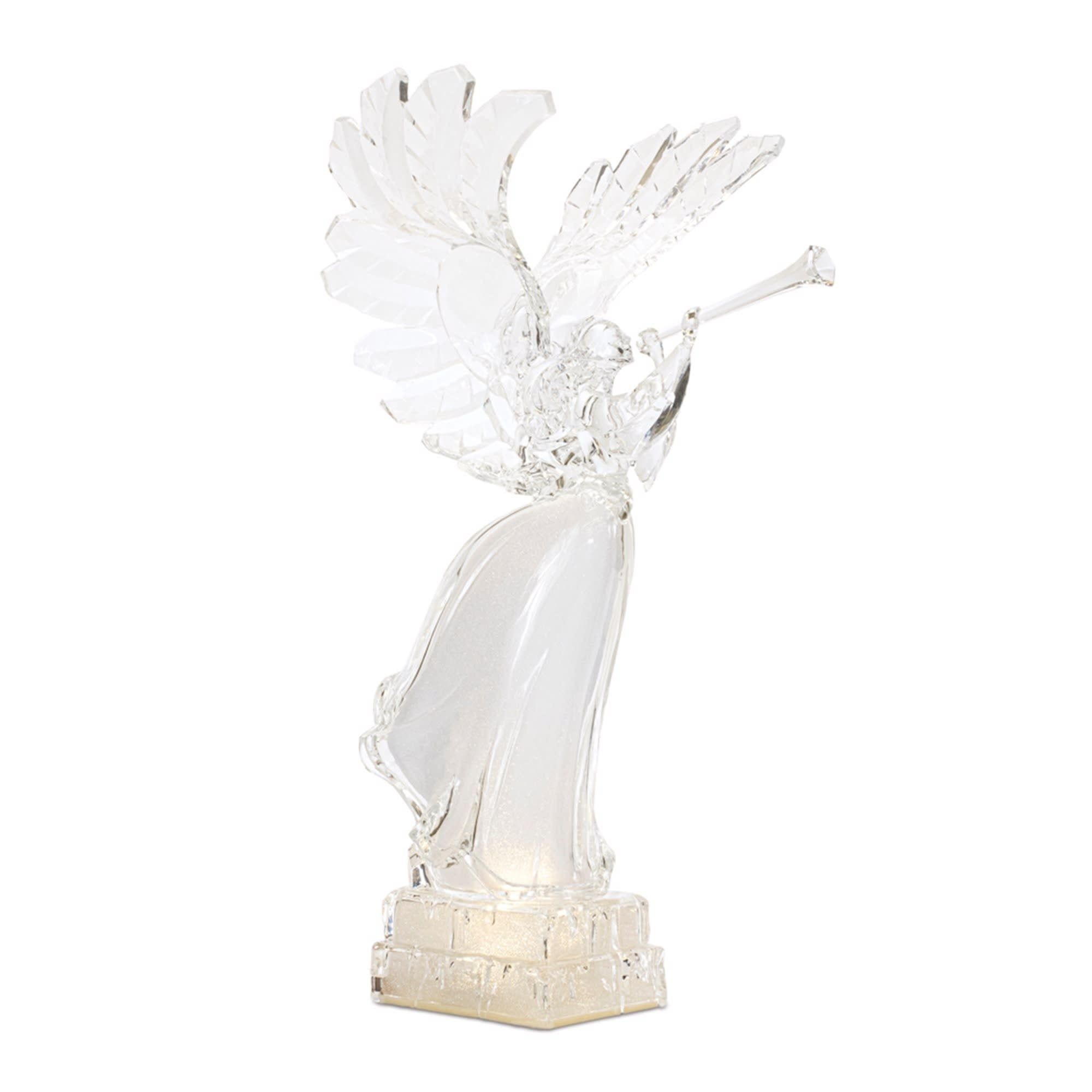 LED acrylic angel figurine with glowing wings standing on a base.