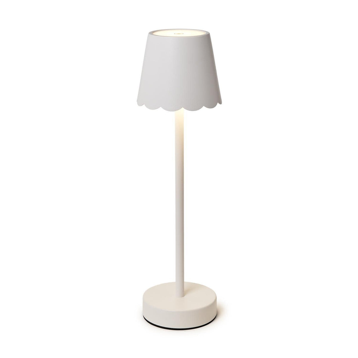 Cordless LED table lamp with iron base and scalloped edge shade in warm white light