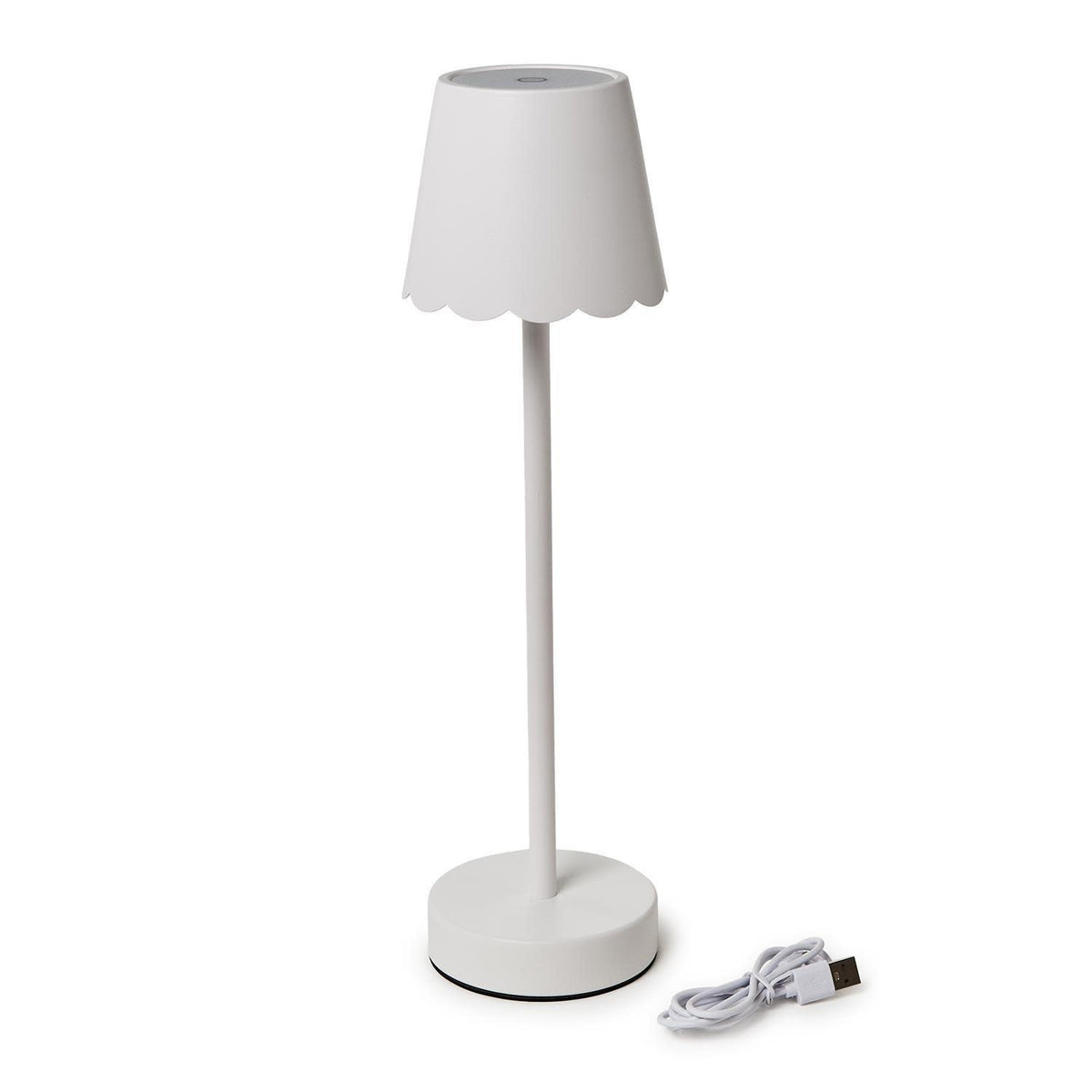 Cordless LED table lamp with iron base and scalloped edge shade in warm white light.