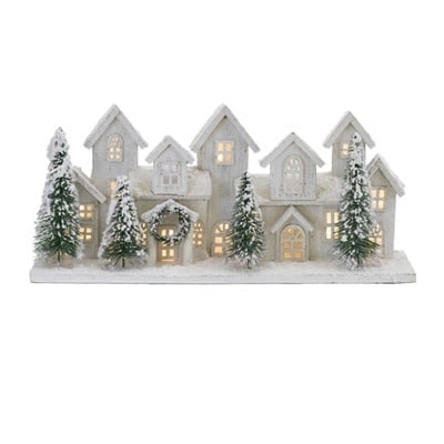 Wooden house-shaped LED decoration with warm lighting