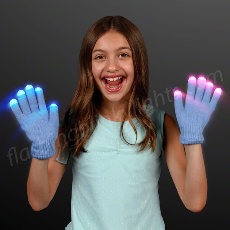Stretchy LED glow gloves in white with blue and pink lights on child-sized hands.