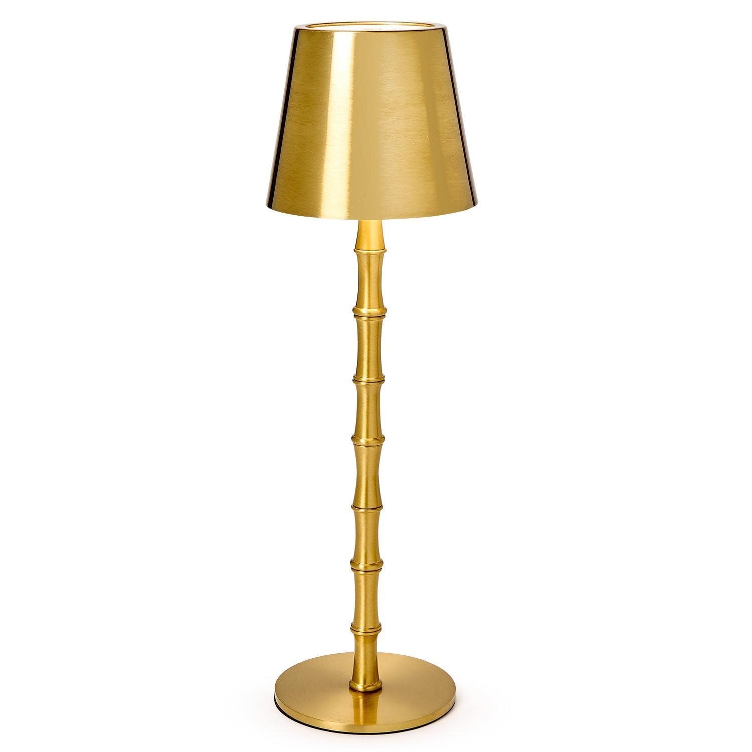 Portable cordless lamp with gold bamboo pole, metal base, warm white LED light in gift box.