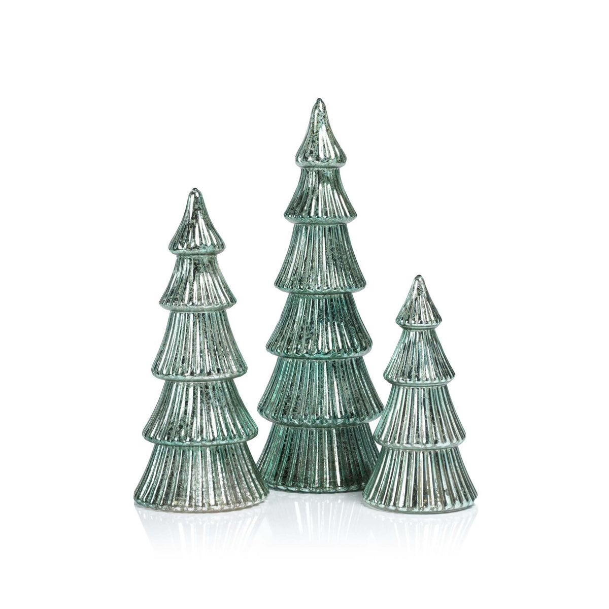 Blue glass ribbed antique tree with integrated LED lights on a tabletop.