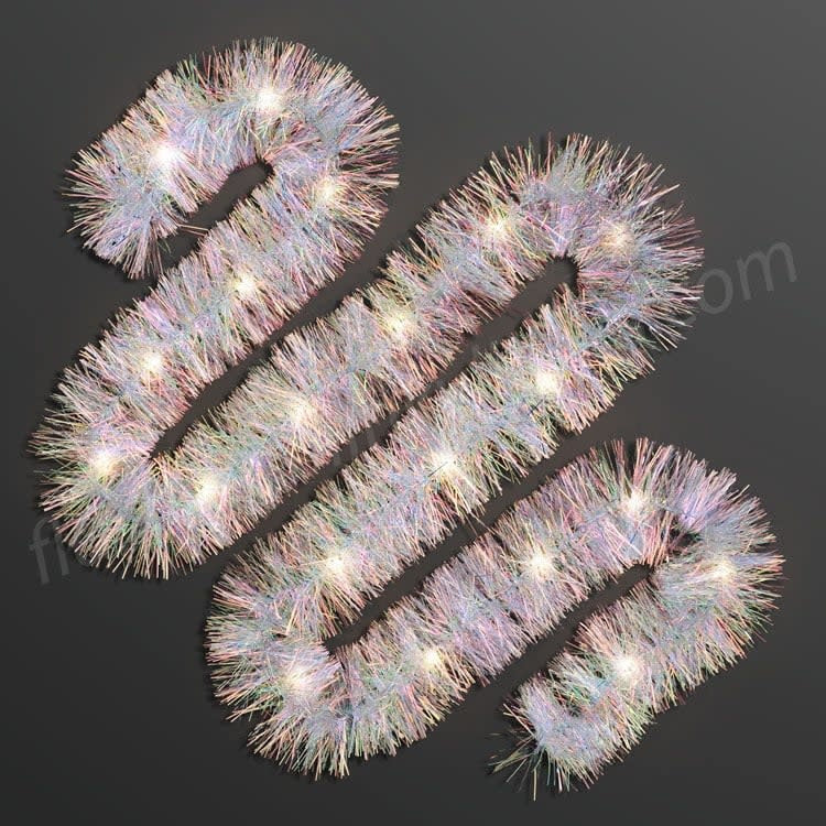 Champagne gold LED tinsel boa with warm white lights measuring 6.5 feet in length.