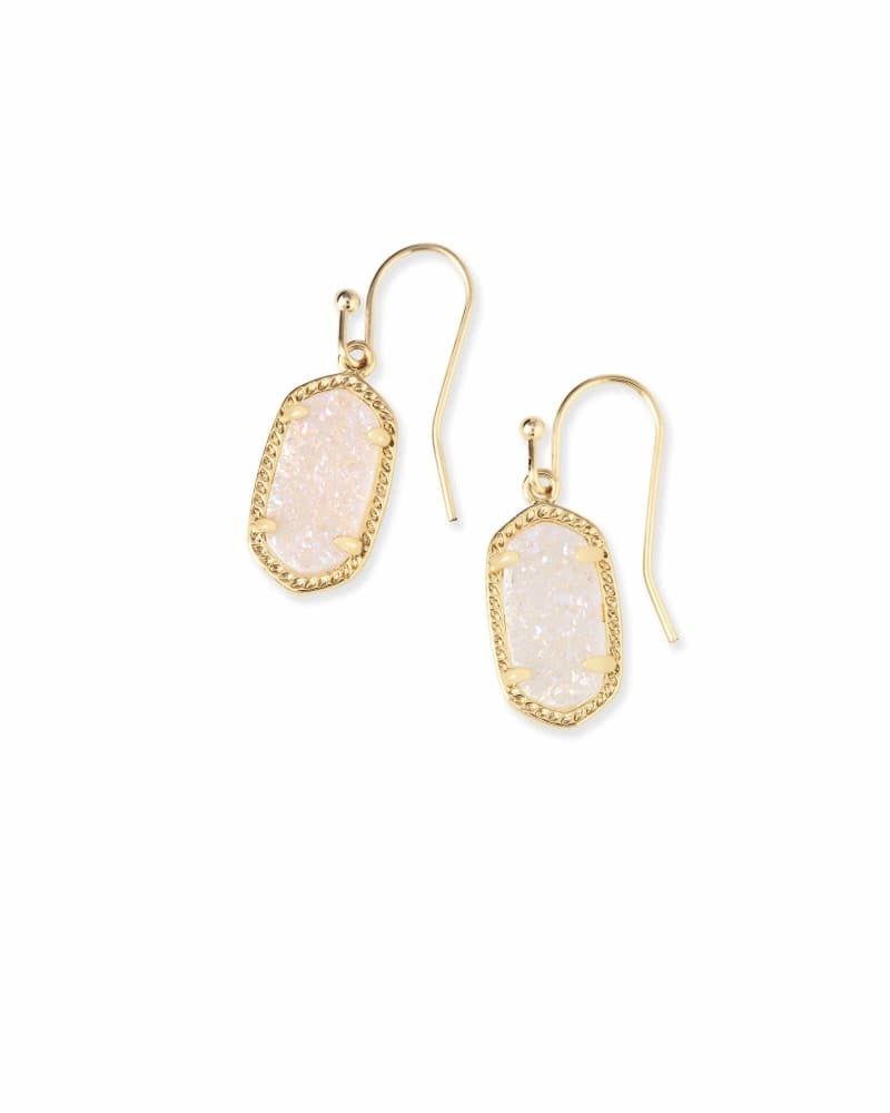 Gold over brass Lee drop earring with oval mother-of-pearl stone in iridescent drusy finish.