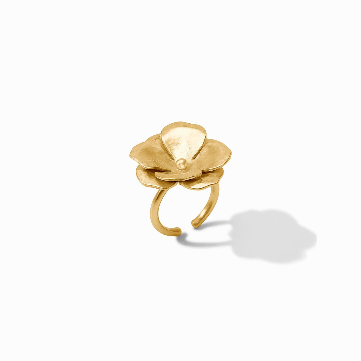 Adjustable gold-plated statement ring with a floral bloom design.