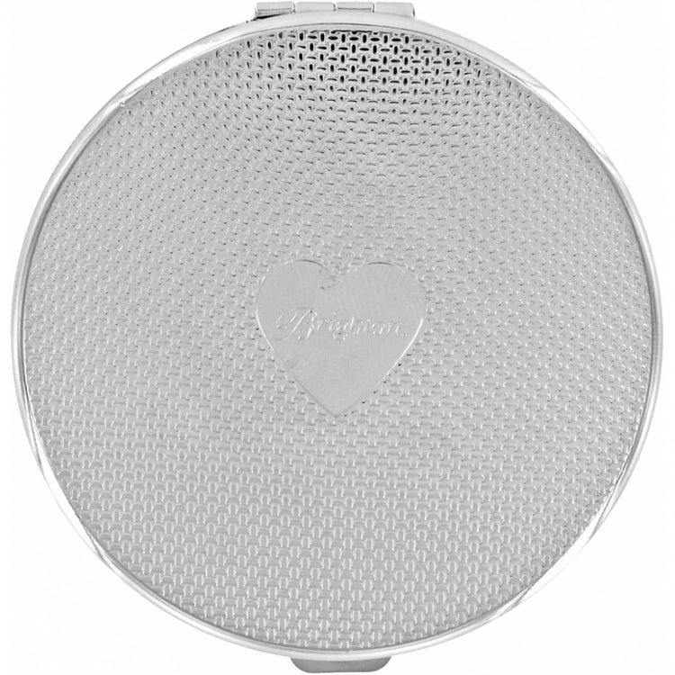 Silver plated Serendipity Compact Mirror with textured pattern and heart logo detail.
