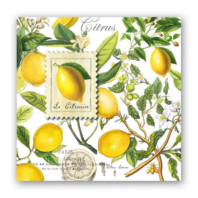 Triple-ply cocktail napkin with lemon basil print in pale yellow and green tones.