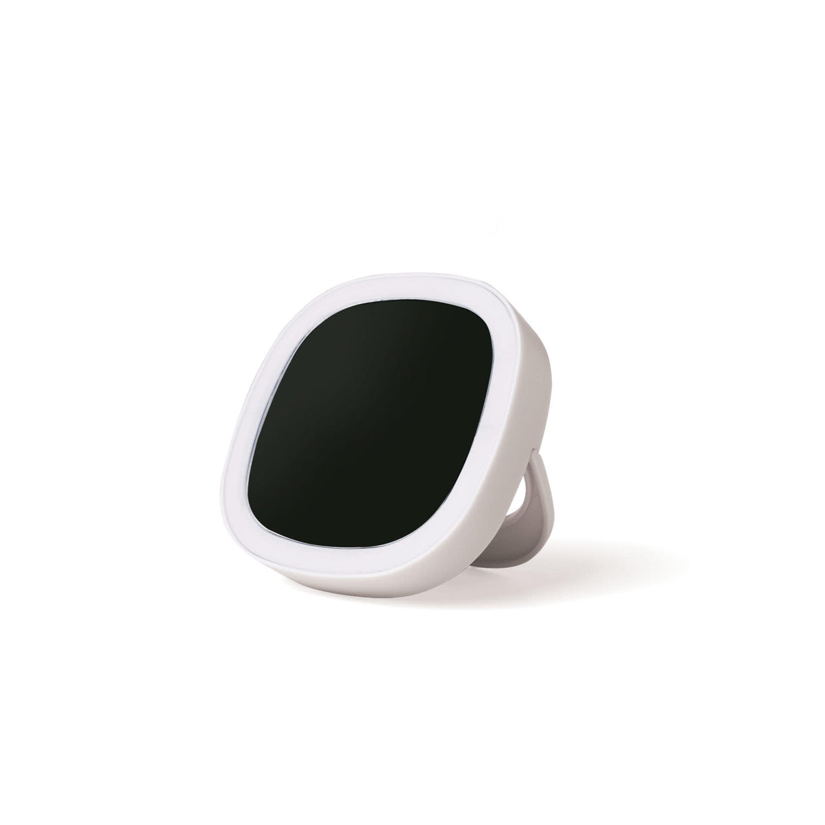 Lemon Lavender LED mini mirror with gray finish, pop-out stand, and soft glow lighting.