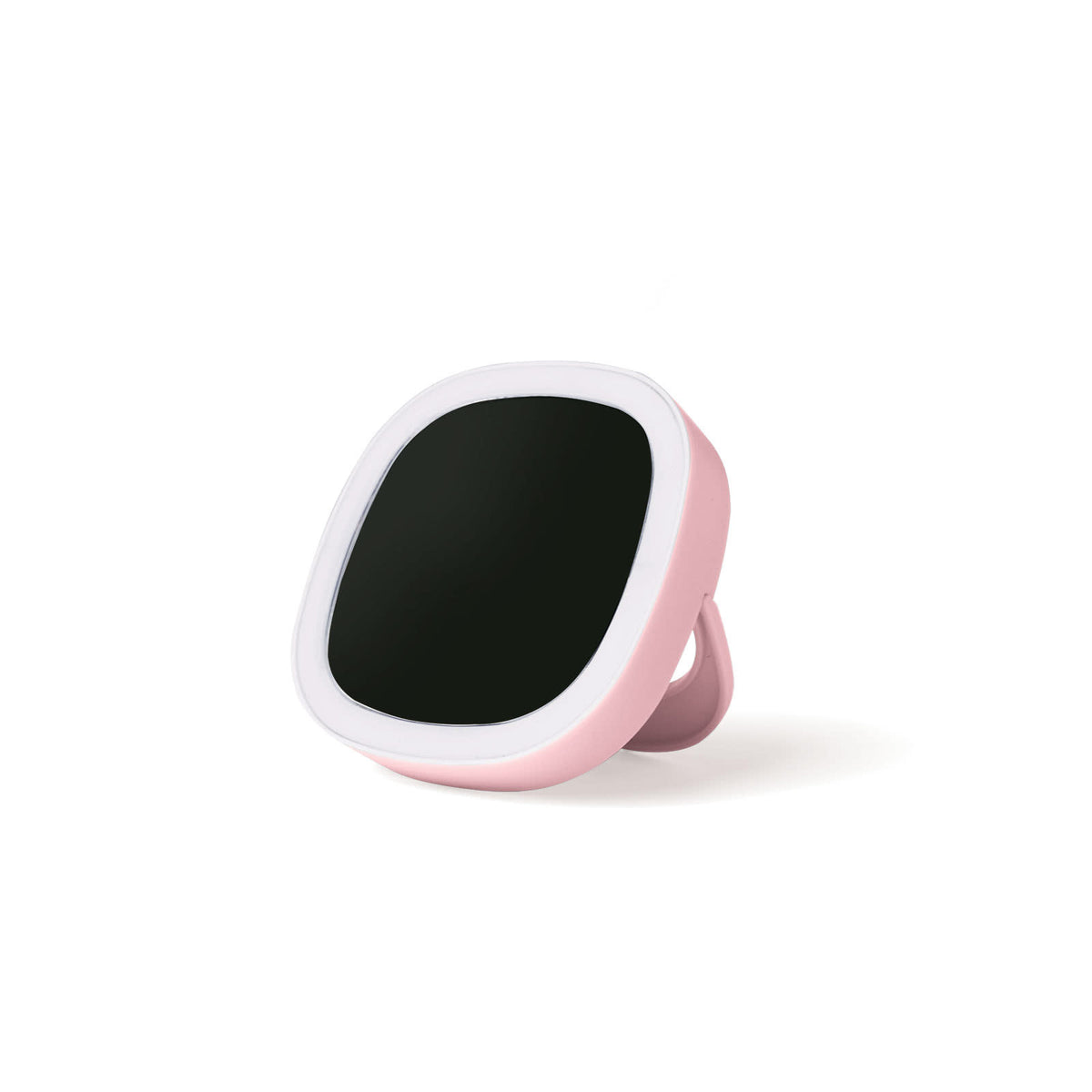 Pink lemon lavender mini makeup mirror with built-in LED lights and pop-out stand